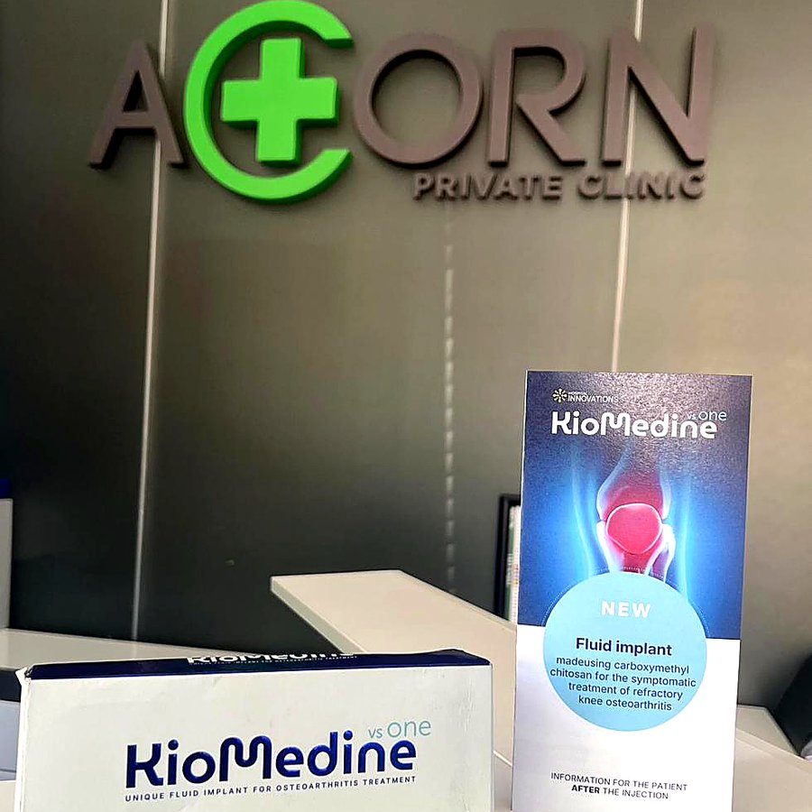 Kiomedine® one fluid implant on display at Acorn Private Clinic reception, first clinic in Wales